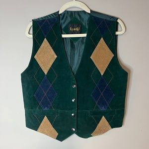 Vintage 1990s Green Leather Argyle Tartan Vest by Learsi
